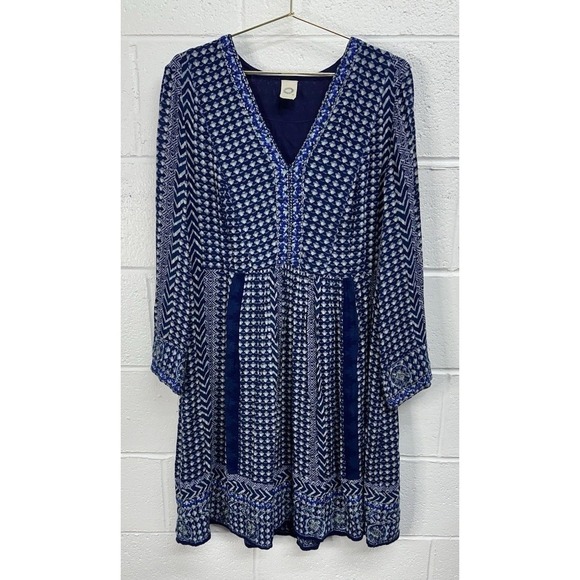 Anthropologie Akemi + Kin Motif Dress Blue Bohemian V Neck Flare Sleeve / Large - Picture 2 of 8